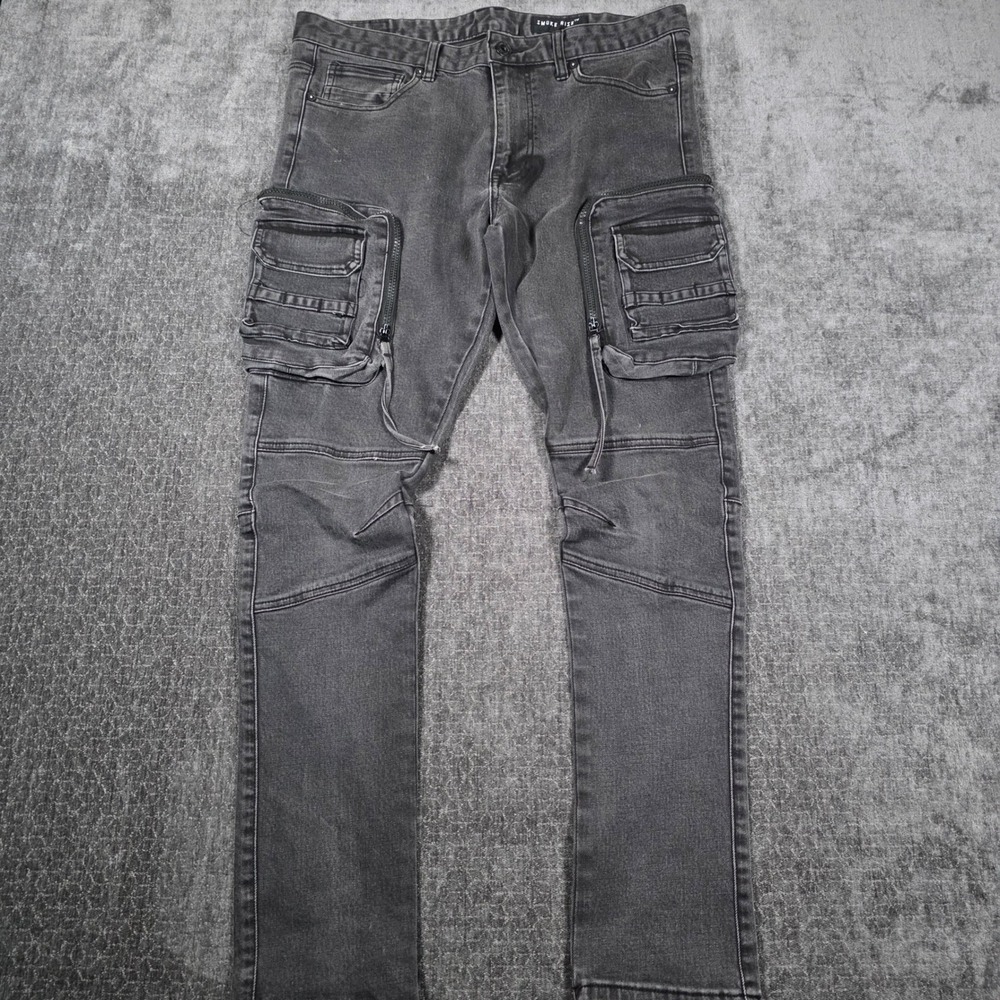 Smoke Rise Mens Tactical Cargo Jeans 34x32 Washed Black Zipper Multi Pocket Slim